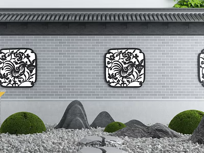 Gray Brick Scenic Wall with Square Hollow Carved Decor Panels Green Shrubs and Gravel Ground 3d model