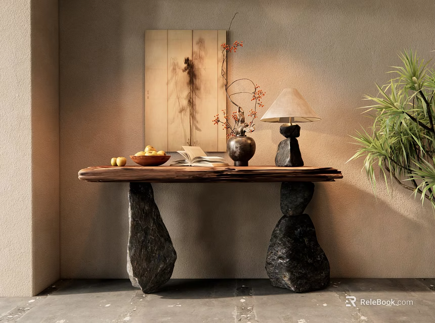 Natural Wooden Console Table With Stone Legs Decorative Vase Lamp And Fruit Bowl 3d model 