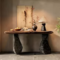Natural Wooden Console Table With Stone Legs Decorative Vase Lamp And Fruit Bowl