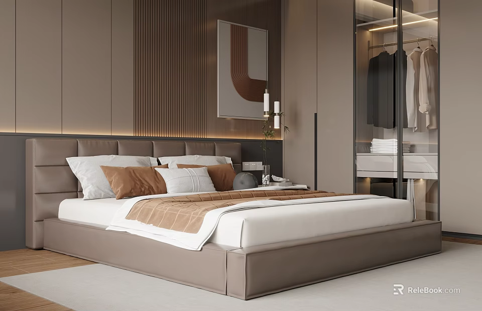 Modern Bedroom Double Bed With Brown Upholstered Headboard White Bedding Wardrobe And Lamp 3d model 