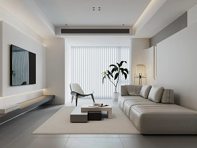 Modern Living Room Interior With Gray Sofa Coffee Table Potted Plant And Floor To Ceiling Windows 3d model