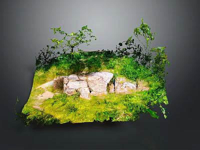 Stone And Wood Structure In Natural Outdoor Setting With Green Grass And Trees 3d model