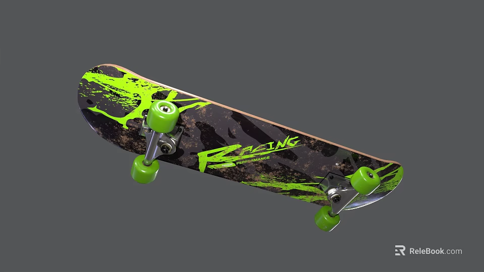 Black And Green Racing Skateboard With Splash Design And Green Wheels 3d model 
