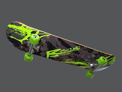 Black And Green Racing Skateboard With Splash Design And Green Wheels 3d model