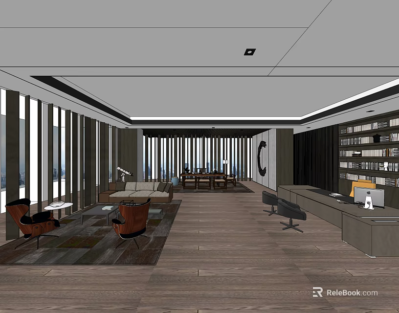 Modern Office Space With Open Layout Sofa Chairs Bookshelves Large Windows And Wooden Floors 3d model 