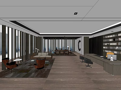 Modern Office Space With Open Layout Sofa Chairs Bookshelves Large Windows And Wooden Floors 3d model