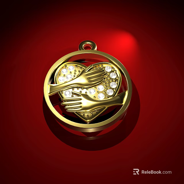 Gold Heart Pendant With Two Hands Holding Diamond Studded Design On Red Background 3d model 