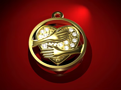 Gold Heart Pendant With Two Hands Holding Diamond Studded Design On Red Background 3d model
