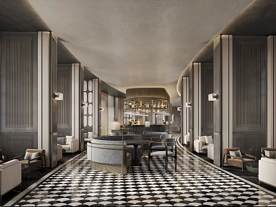 Elegant Modern Hotel Public Lounge With Bar Counter Sofas Wall Lamps And Checkered Floor 3d model