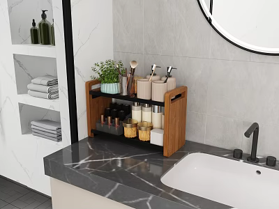 Wooden Multi Layer Bathroom Storage Rack With Toiletries Green Plant On Marble Countertop 3d model