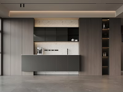 Modern Open Kitchen Interior With Gray Cabinets And Countertop Appliances 3d model