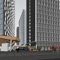 Modern High Rise Commercial Complex With Entrance Plaza Large Digital Screen And Pedestrians