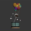 Colorful Balloons Attached To Floating Small Boat Over Glowing Blue Base