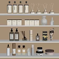 Elegant Perfume And Cosmetics Display On Shelves With Various Bottles And Products