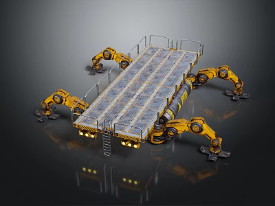 Yellow Robotic Arms Working On Industrial Platform With Guardrail And Tracks 3d model