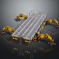 Yellow Robotic Arms Working On Industrial Platform With Guardrail And Tracks