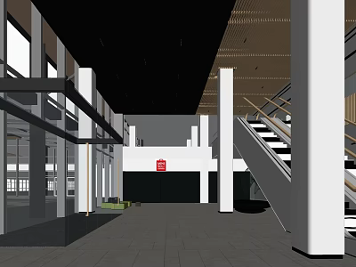 Modern Front Desk Reception Area With White Columns Staircase And Open Layout Design 3d model