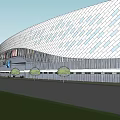 Modern Commercial Complex Architecture With Glass Facade Wooden Structure Geometric Ceiling And Green Lawn