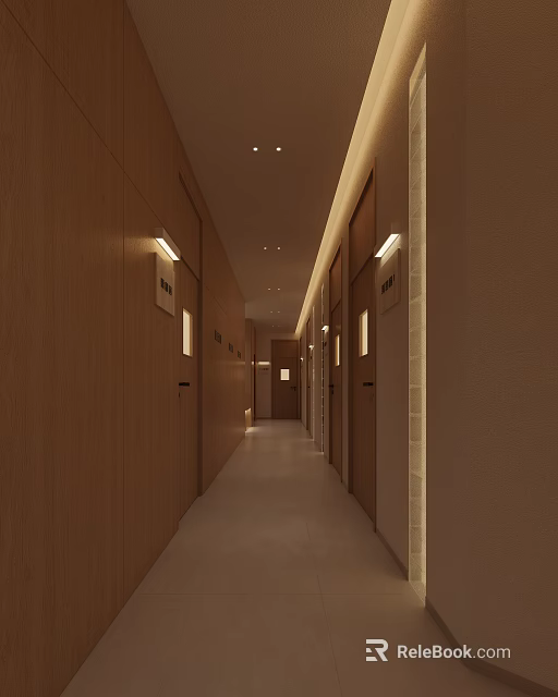 Tranquil SPA Sauna Corridor with Wooden Doors Wall Lamps and Soft Lighting 3d model 