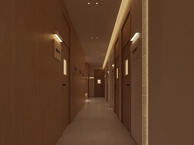 Tranquil SPA Sauna Corridor with Wooden Doors Wall Lamps and Soft Lighting 3d model