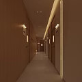 Tranquil SPA Sauna Corridor with Wooden Doors Wall Lamps and Soft Lighting