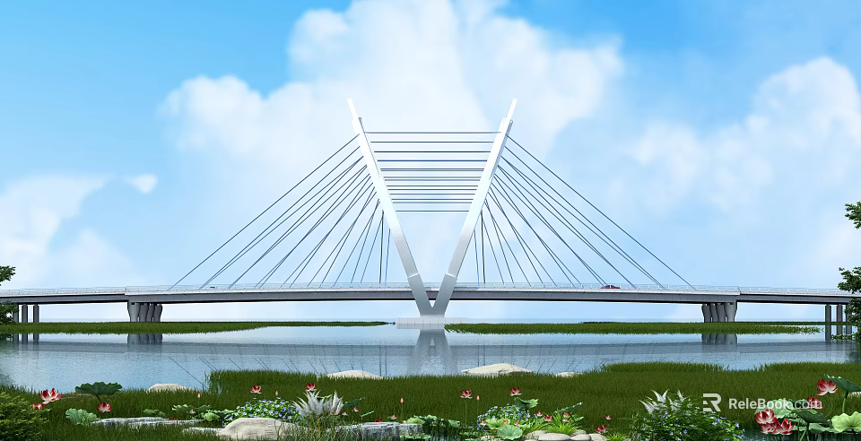 Modern Cable Stayed Bridge Over Water With Blue Sky White Clouds And Lotus Flowers 3d model 