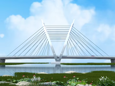 Modern Cable Stayed Bridge Over Water With Blue Sky White Clouds And Lotus Flowers 3d model