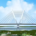Modern Cable Stayed Bridge Over Water With Blue Sky White Clouds And Lotus Flowers