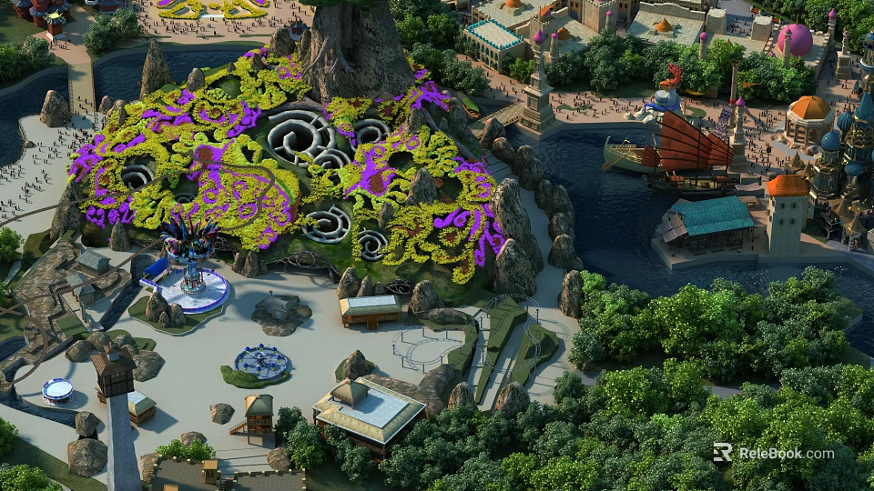 Scenic Amusement Park With Large Purple Floral Decorations Rocky Mountain And Green Vegetation 3d model 
