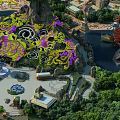 Scenic Amusement Park With Large Purple Floral Decorations Rocky Mountain And Green Vegetation