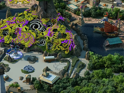 Scenic Amusement Park With Large Purple Floral Decorations Rocky Mountain And Green Vegetation 3d model