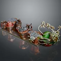 Small Potted Plants In Copper Containers On Decorative Tray With Green Leaves