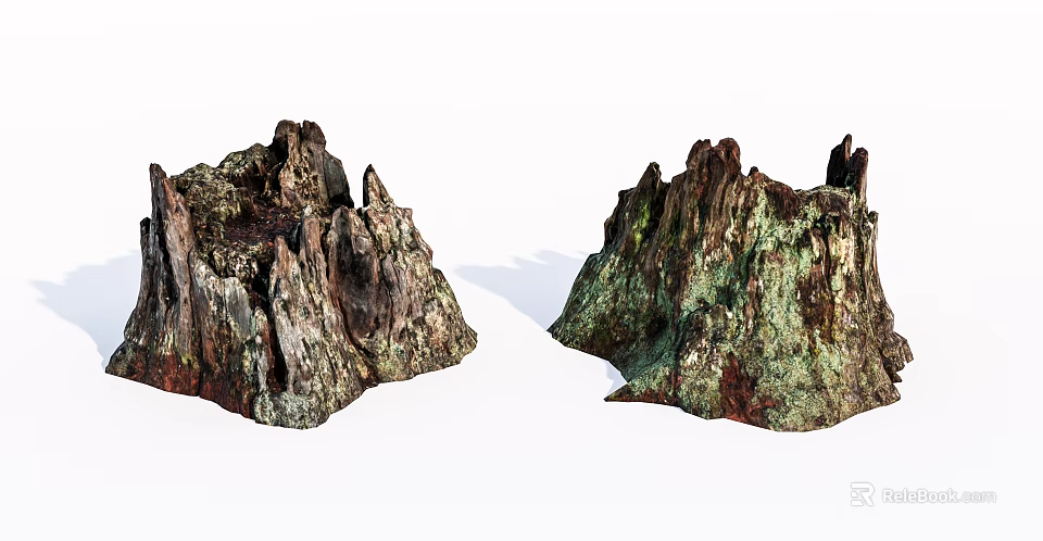 Natural Stone Wood Landscape Decor With Textured Surface And Mossy Green Details 3d model 