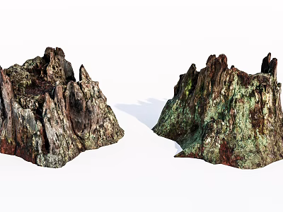 Natural Stone Wood Landscape Decor With Textured Surface And Mossy Green Details 3d model