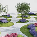 Landscape Design Model with Green Grass Irregular Shapes Trees and Purple Pink Flower Clusters