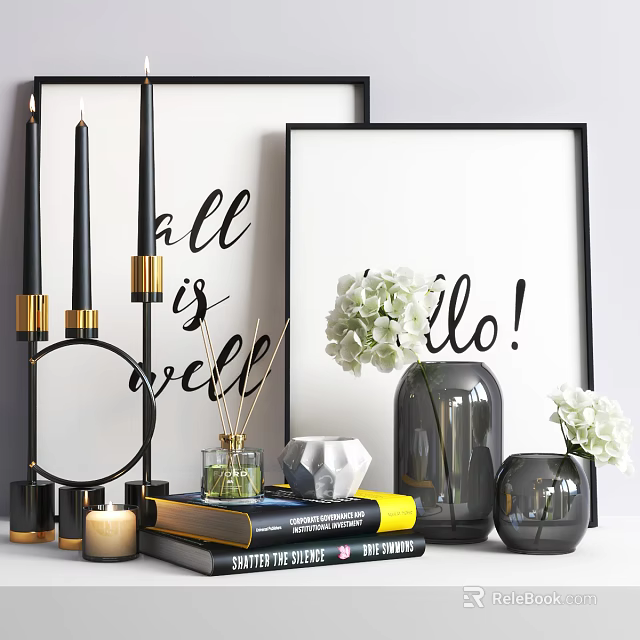 Modern Decorative Accessories Set With Framed Typography Art Vase Candle Diffuser And Books 3d model 