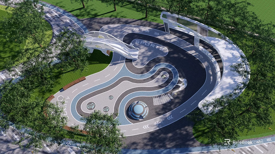Scenic Plaza Landscape With Winding Pathways Circular Fountain Green Lawns And Trees 3d model 