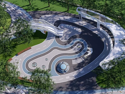 Scenic Plaza Landscape With Winding Pathways Circular Fountain Green Lawns And Trees 3d model