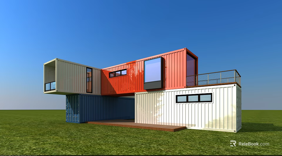 Modular Shipping Container Industrial Equipment With Red White Blue Design Balcony And Windows In Grass Field 3d model 