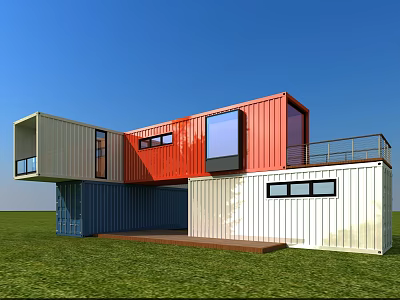 Modular Shipping Container Industrial Equipment With Red White Blue Design Balcony And Windows In Grass Field 3d model