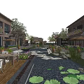 Traditional Style Commercial Street With Pond Lotus Plants Green Trees And Outdoor Seating Areas