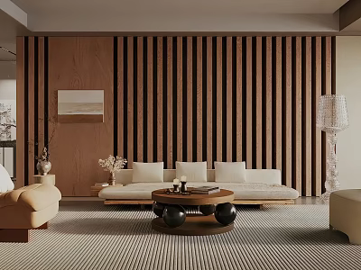 Modern Living Room Interior With Wooden Striped Wall Beige Sofa Coffee Table And Floor Lamp 3d model