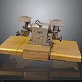 Vintage Bench Grinder Equipment on Yellow Wooden Base with Dark Background and Reflection