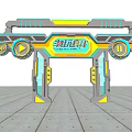 Game Themed Event Entrance Gate With Neon Lights Illuminated Buttons And Futuristic Design