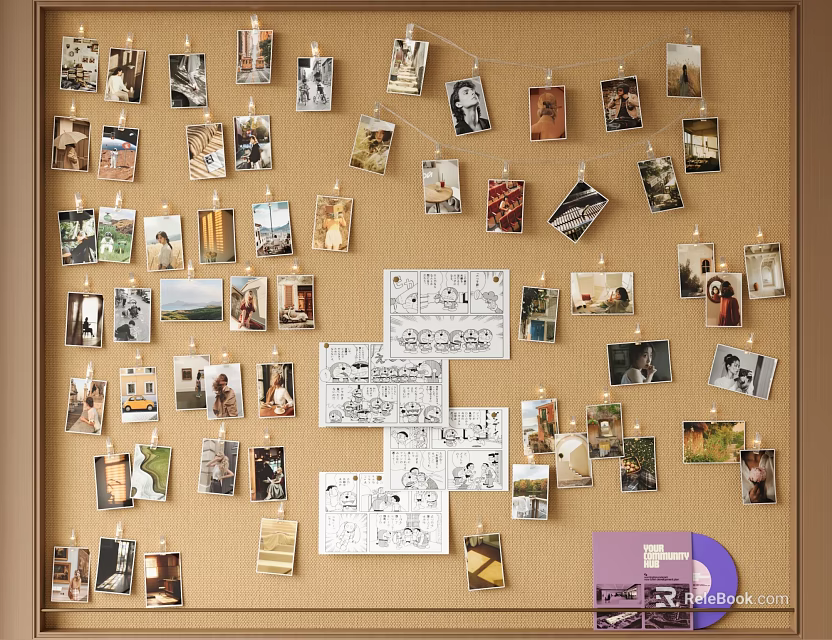 Creative Corkboard Wall Decor with Various Photos Cards and Purple Vinyl Record 3d model 