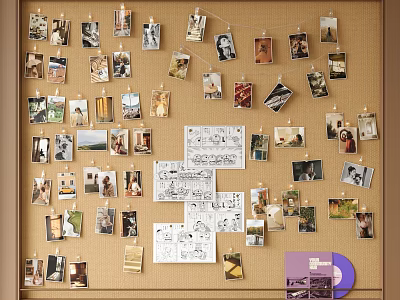 Creative Corkboard Wall Decor with Various Photos Cards and Purple Vinyl Record 3d model