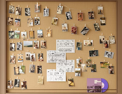 Creative Corkboard Wall Decor with Various Photos Cards and Purple Vinyl Record 3d model