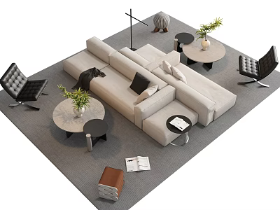 Modern Sofa Coffee Table Combination With Plush Pillows Green Plants Accent Chairs And Soft Rug 3d model