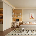 Modern Bedroom Interior With Comfortable Bed Star Patterned Rug And Wooden Desk