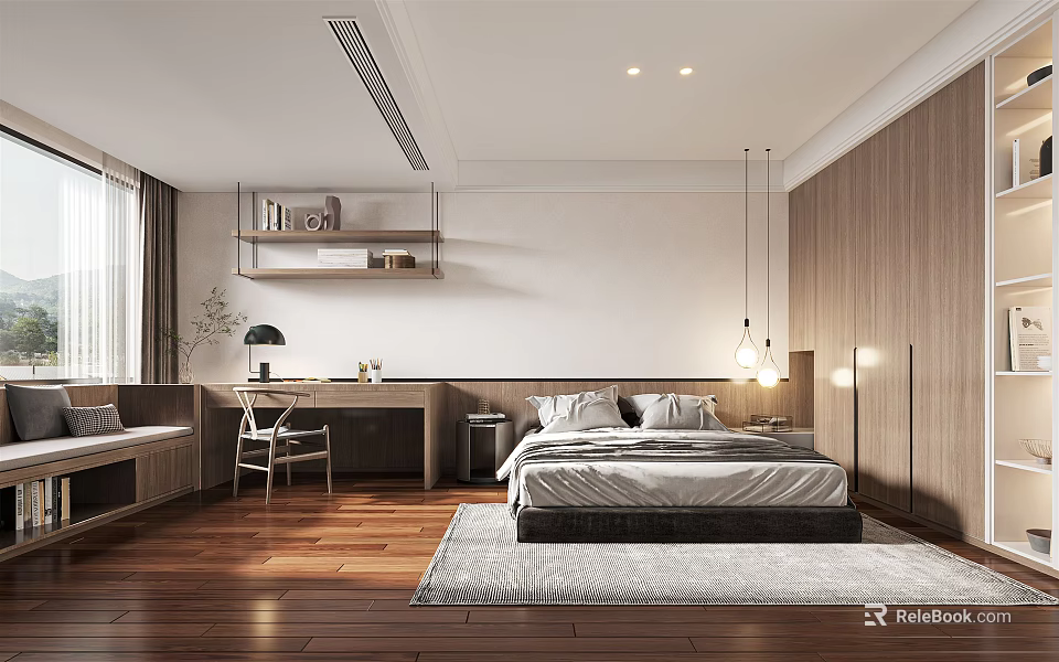 Modern Bedroom Interior Design With Wooden Flooring Large Bed Pendant Lights And Rug 3d model 